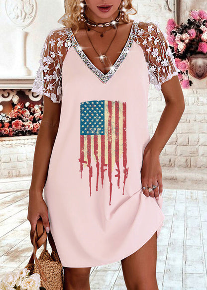 Pink V Neck Lace Patchwork Hollow Out Cotton Holiday Dress Short Sleeve