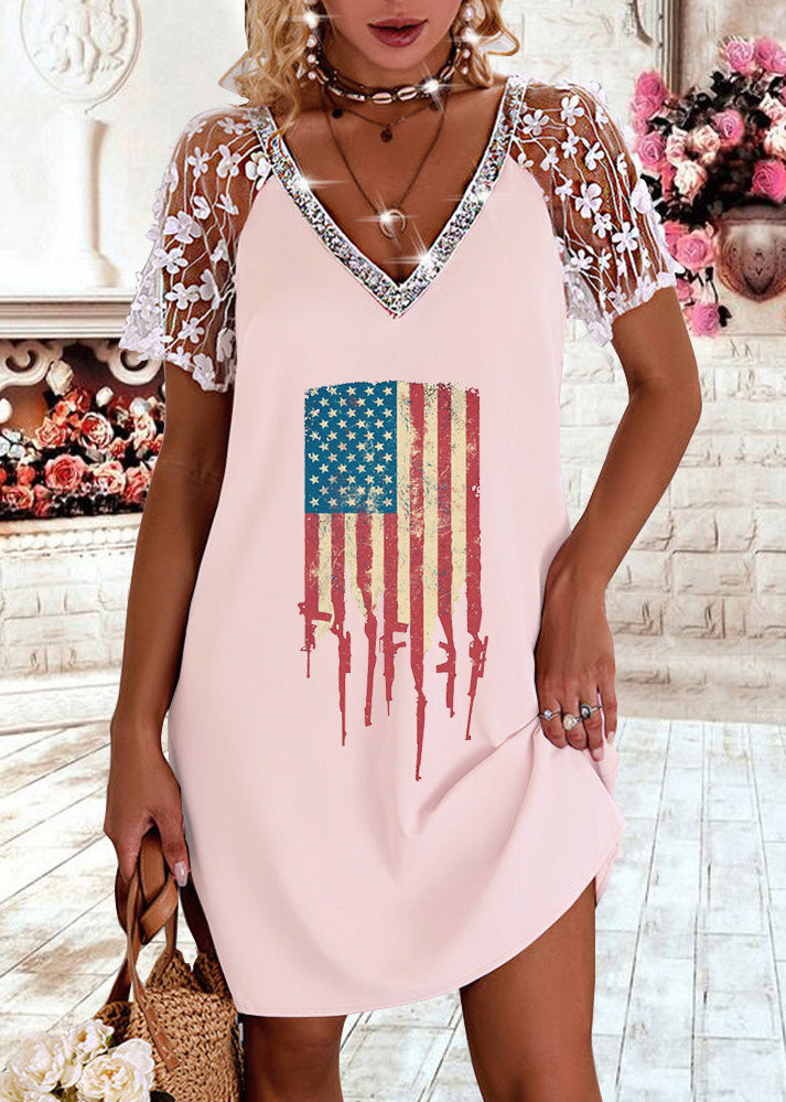 Pink V Neck Lace Patchwork Hollow Out Cotton Holiday Dress Short Sleeve