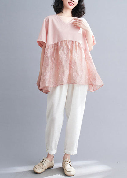 Pink V Neck Patchwork Jacquard Cotton Tank Tops Short Sleeve