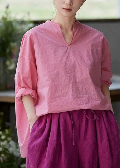 Plus Size Pink V Neck Side Open Solid Cotton Blouses Fall