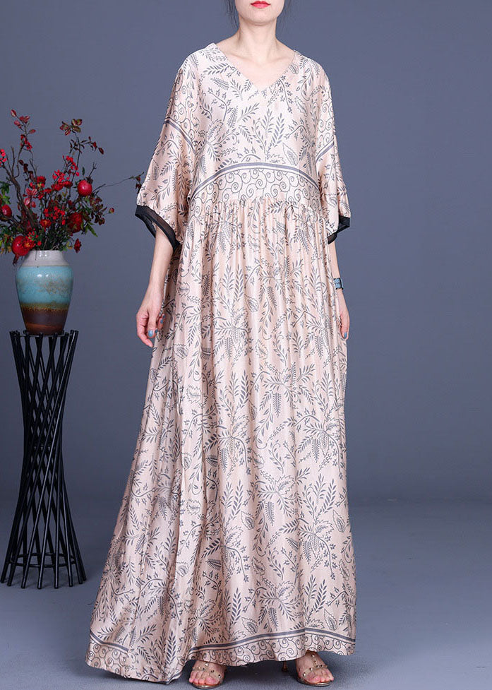 Pink V Neck Silk Maxi Dress Half Sleeve