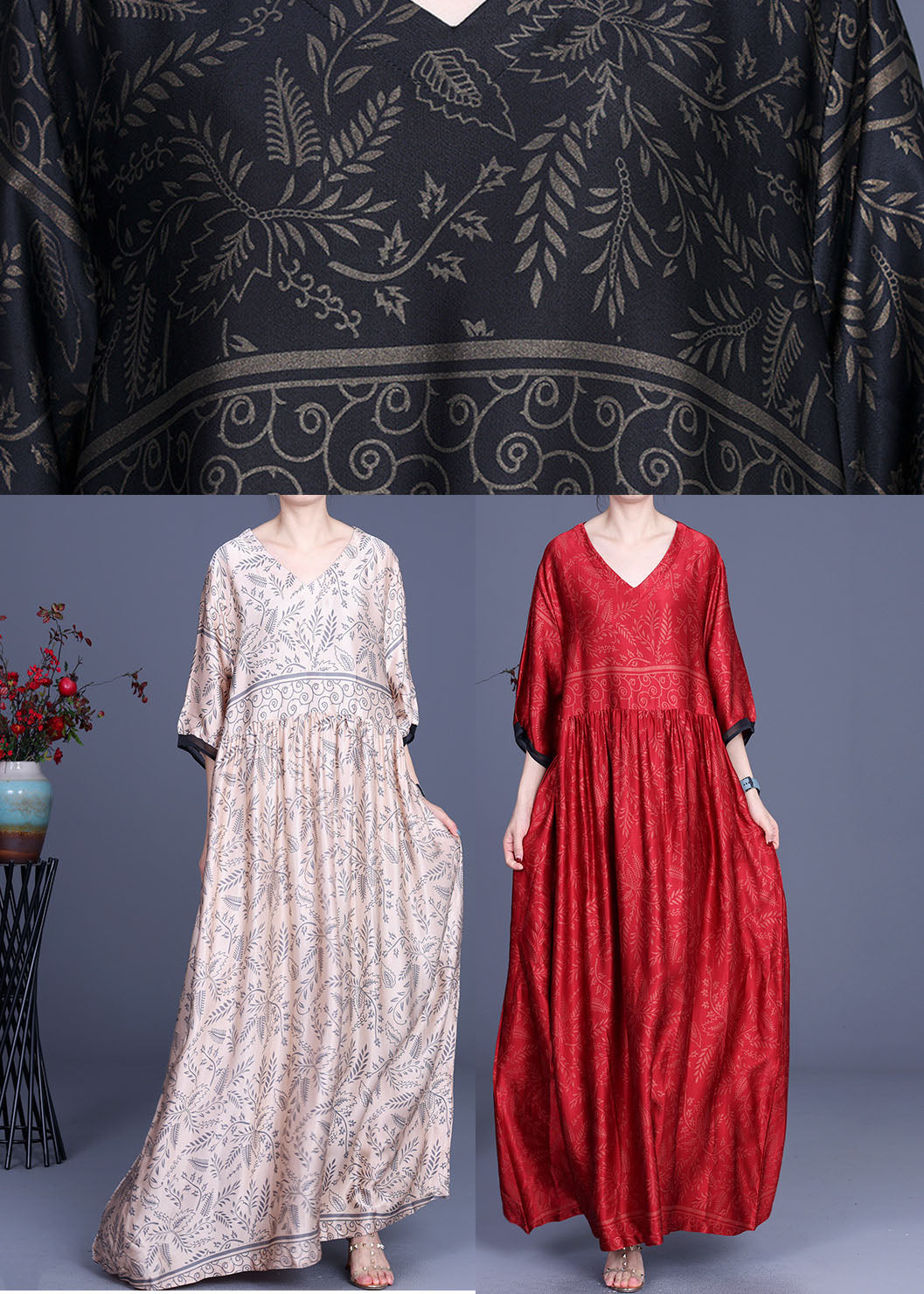 Pink V Neck Silk Maxi Dress Half Sleeve