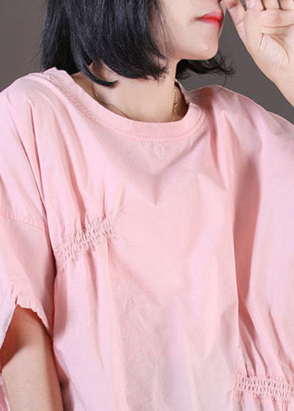 Pink Wrinkled Drawstring Cotton Pullover Sweatshirt Top Summer