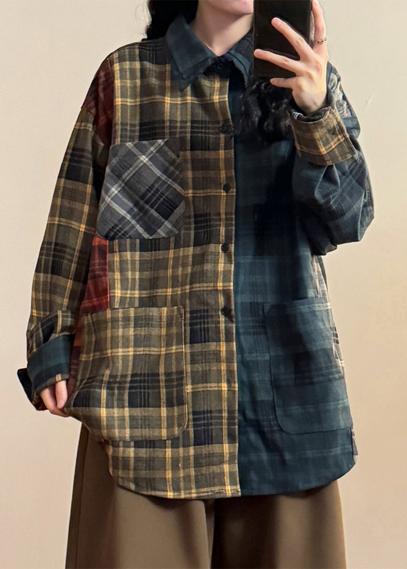 Plaid Asymmetrical Pockets Patchwork Cotton Shirt Spring