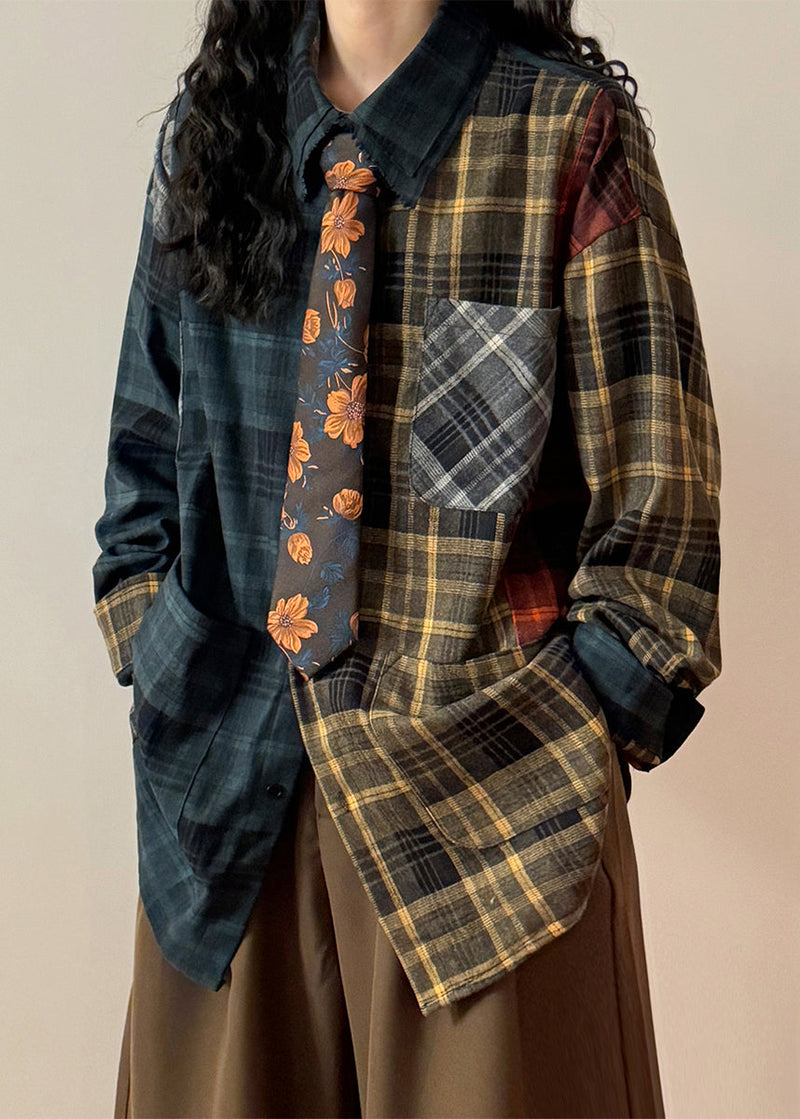 Plaid Asymmetrical Pockets Patchwork Cotton Shirt Spring