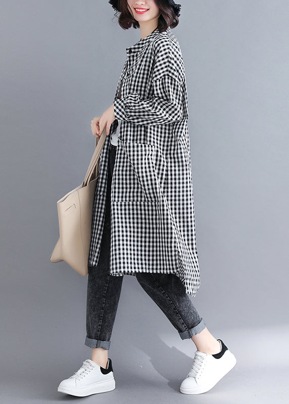 Plaid Button Pockets Patchwork Cotton Shirts Dresses Fall