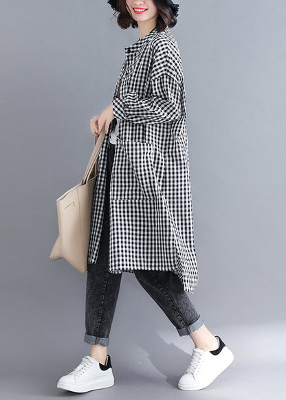 Plaid Button Pockets Patchwork Cotton Shirts Dresses Fall