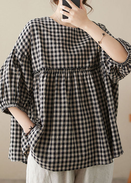 Plaid O Neck Wrinkled Patchwork Cotton Top Lantern Sleeve
