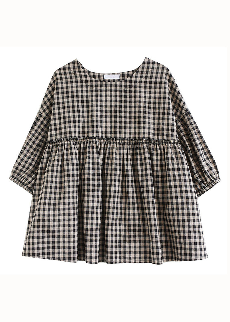 Plaid O Neck Wrinkled Patchwork Cotton Top Lantern Sleeve