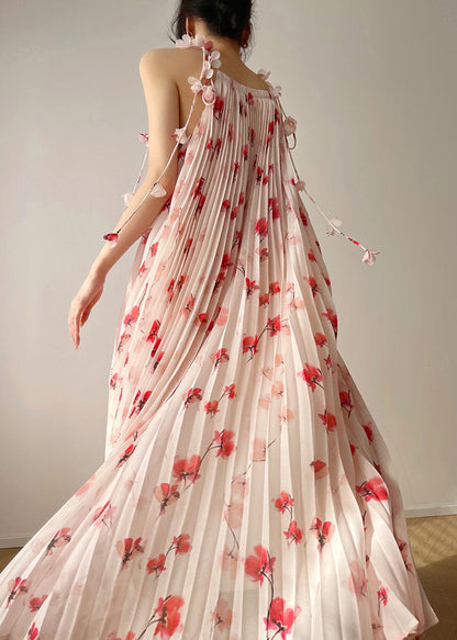 Print Chiffon Pleated Maxi Dress Sleeveless
