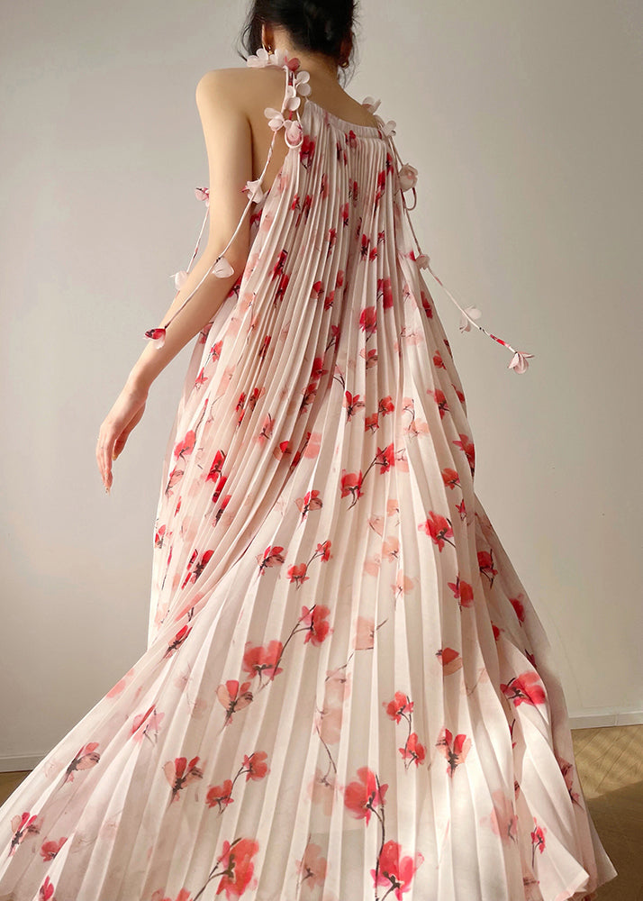 Print Chiffon Pleated Maxi Dress Sleeveless