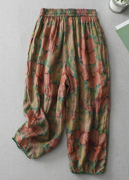 Print Lace Up Elastic Waist Cotton Crop Pants Spring