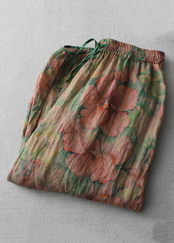 Print Lace Up Elastic Waist Cotton Crop Pants Spring
