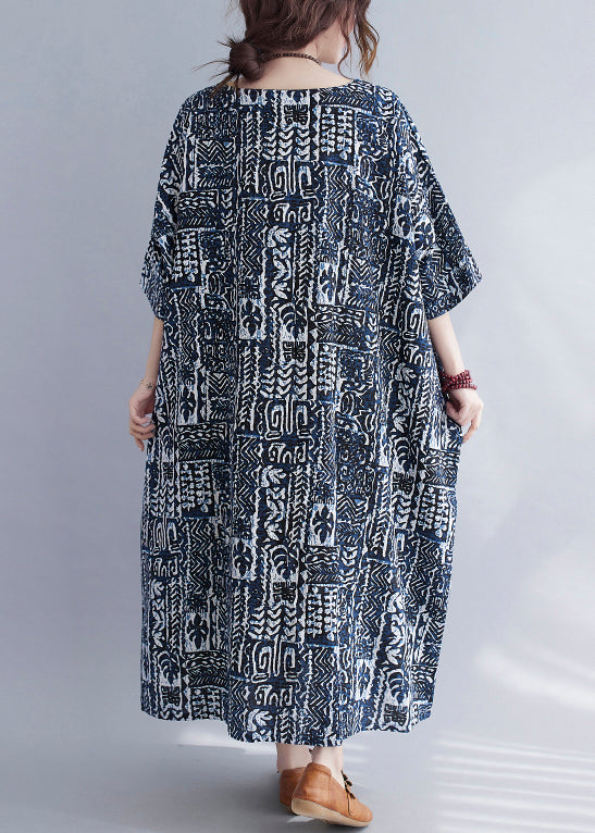 Print O Neck Pockets Cotton Long Dresses Summer
