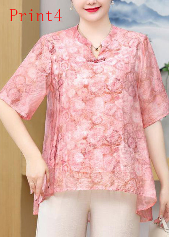 Print Oriental Button Chiffon Top Summer