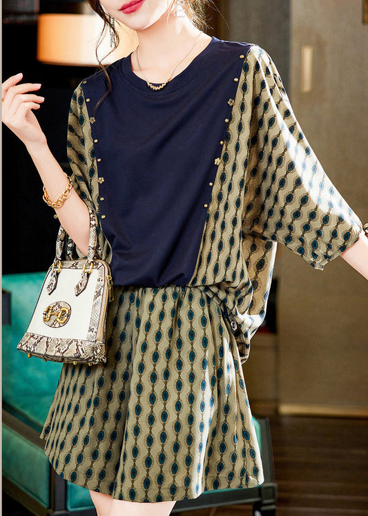 Print Patchwork Nail Bead Chiffon T Shirt and Shorts Two Pieces Set Short Sleeve