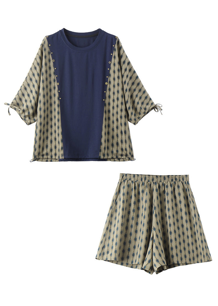 Print Patchwork Nail Bead Chiffon T Shirt and Shorts Two Pieces Set Short Sleeve