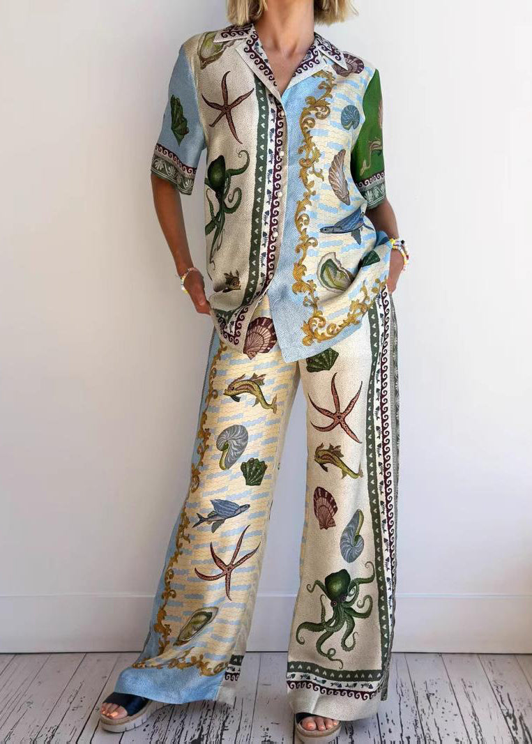 Print Shirts and Wide Leg Pants Two Piece Set Summer