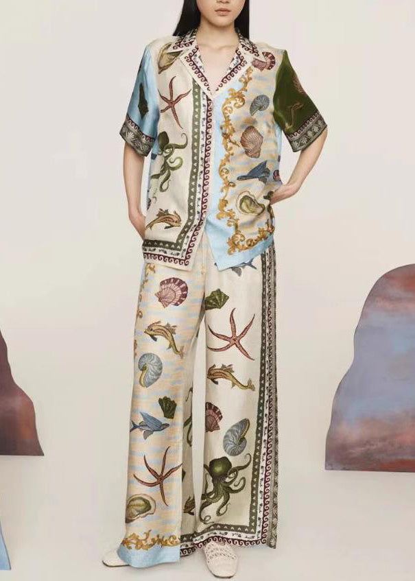 Print Shirts and Wide Leg Pants Two Piece Set Summer