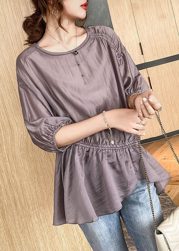Purple Asymmetrical Drawstring Wrinkled Silk Shirt Top Summer