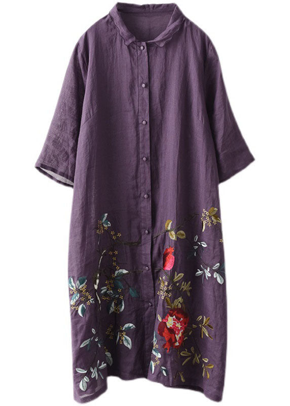 Purple Button Embroideried Fall Shirt Half Sleeve