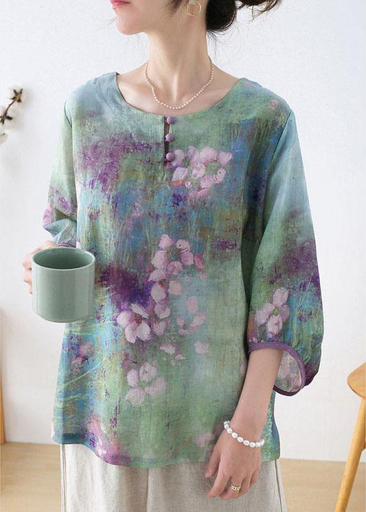 Purple Button Print Fall Three Quarter Sleeve Top