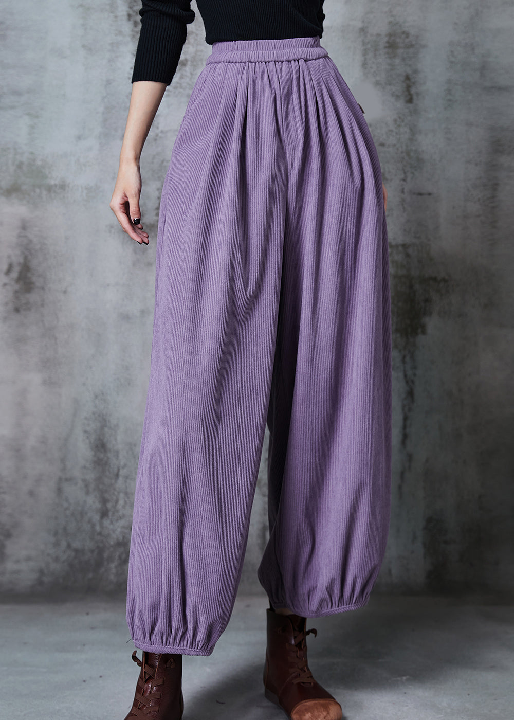 Purple Elastic Waist Corduroy Pants Spring