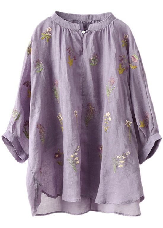 Purple Embroideried Loose Fall Three Quarter Sleeve Top