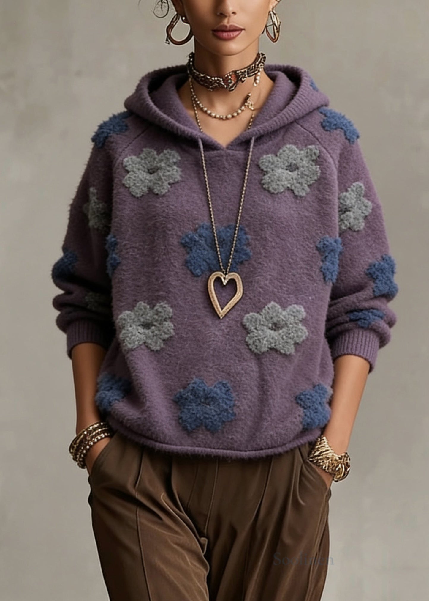 Purple Hooded Cotton Knit Sweaters Spring