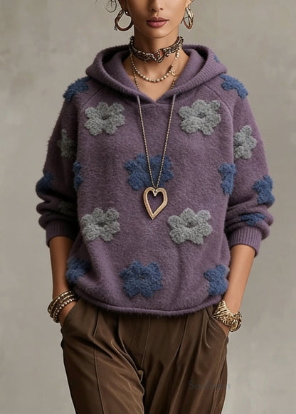 Purple Hooded Cotton Knit Sweaters Spring