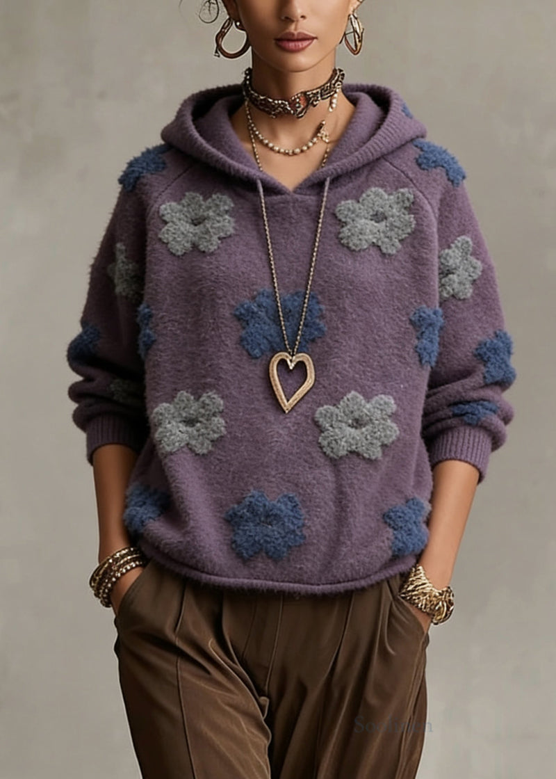 Purple Hooded Cotton Knit Sweaters Spring
