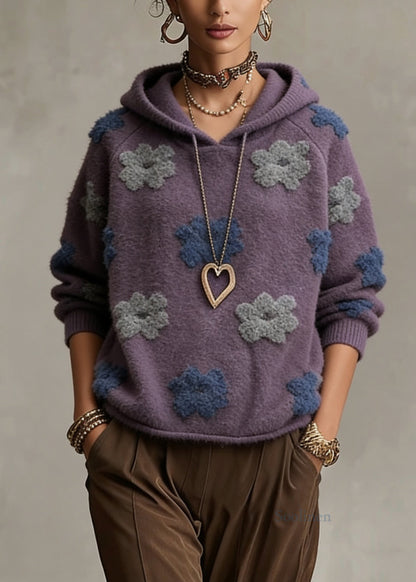 Purple Hooded Cotton Knit Sweaters Spring