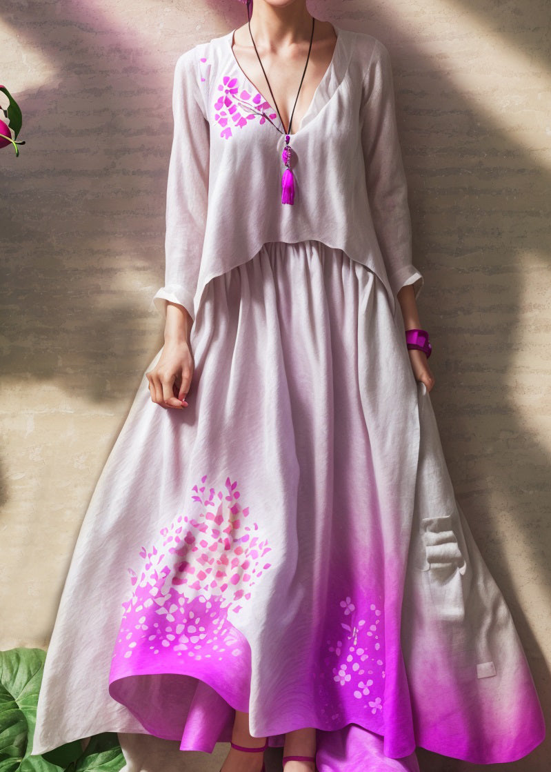 Purple Gradient V Neck Print Wrinkled Patchwork Silk Dress Summer