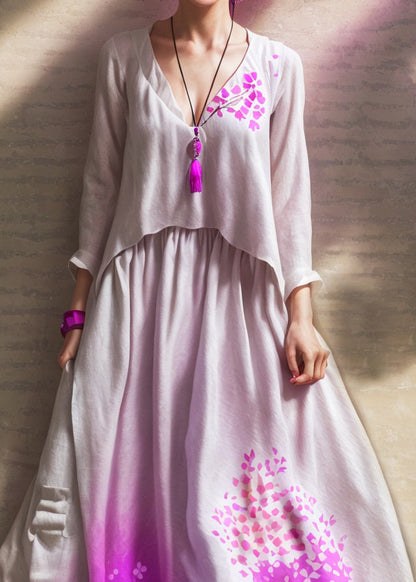 Purple Gradient V Neck Print Wrinkled Patchwork Silk Dress Summer