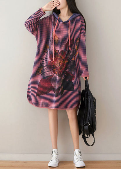 Purple Hooded Striped Print Cotton Sweatshirt Dress Spring