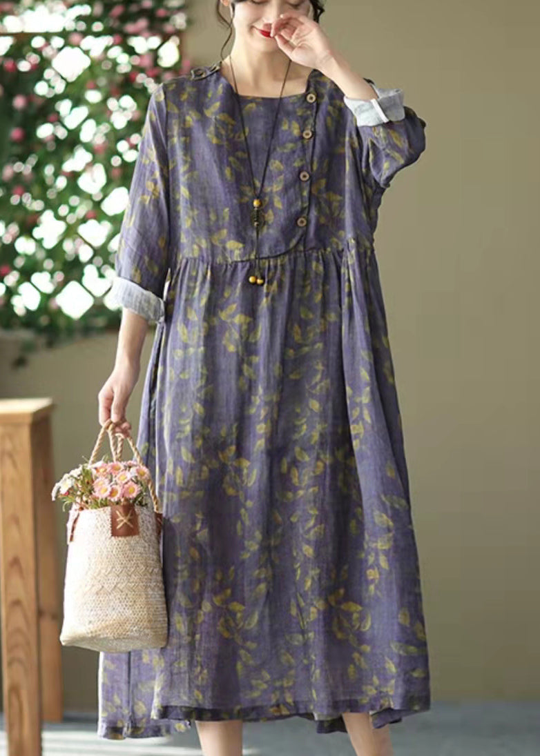 Purple O-neck Cinched Button Print Linen Dress Long Sleeve