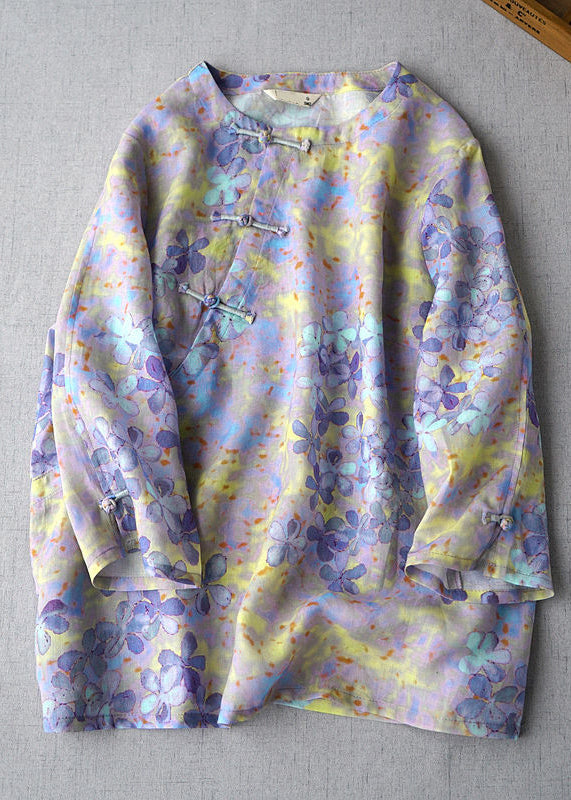 Purple O-neck Linen Shirt Top Three Quarter Sleeve