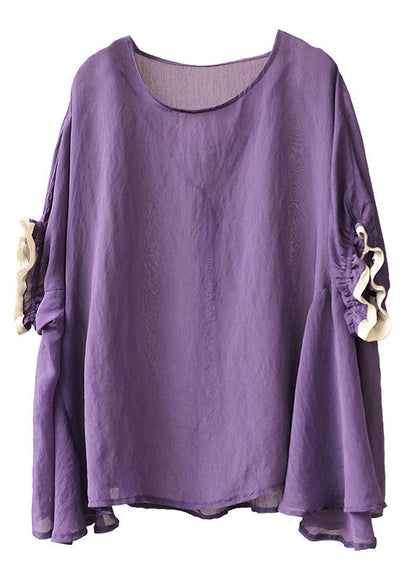 Purple O-neck Patchwork Ruffled Fall Shirt Half Sleeve