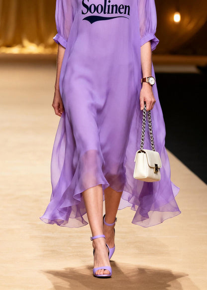 Purple O Neck Print Chiffon Maxi Dresses Summer