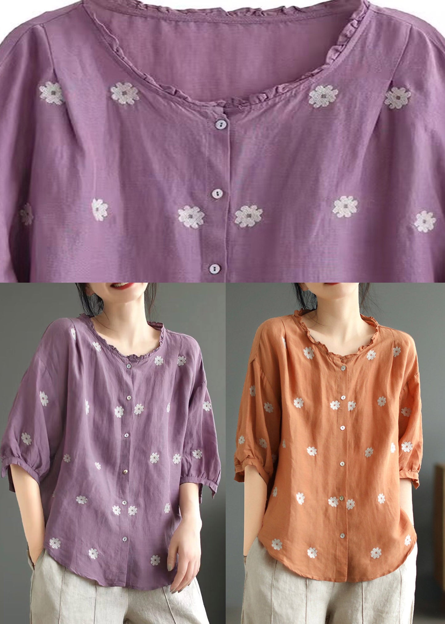 Purple O-neck Print Linen Top Summer