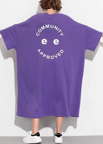 Purple O Neck Print Patchwork Cotton Long Dress Summer