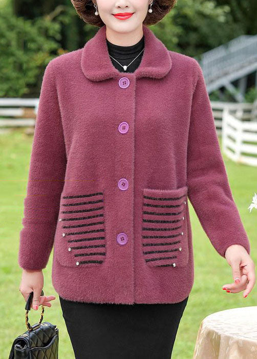 Purple Peter Pan Collar Striped Pockets Mink Hair Knitted Coat Winter