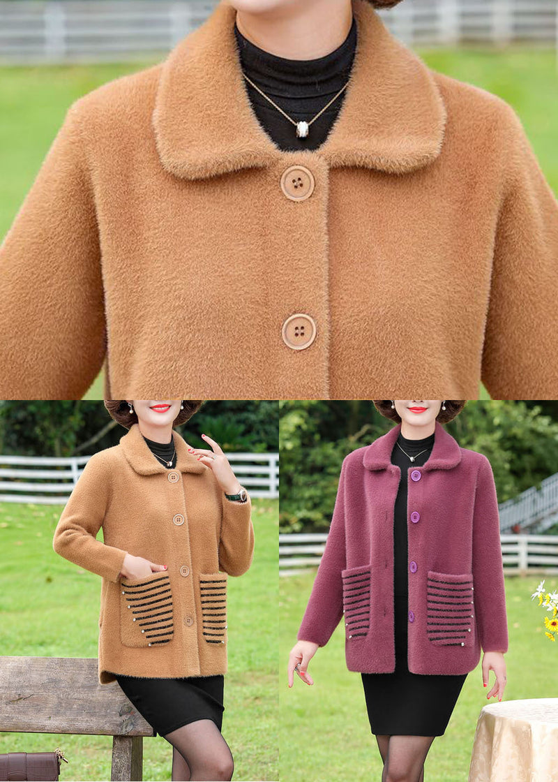 Purple Peter Pan Collar Striped Pockets Mink Hair Knitted Coat Winter