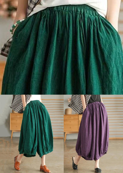 Purple Pockets Elastic Waist Linen Crop Pants Summer