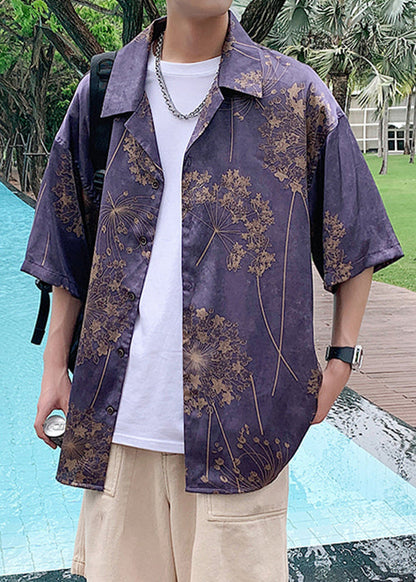 Purple Print Button Cotton Shirts Half Sleeve
