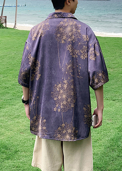 Purple Print Button Cotton Shirts Half Sleeve