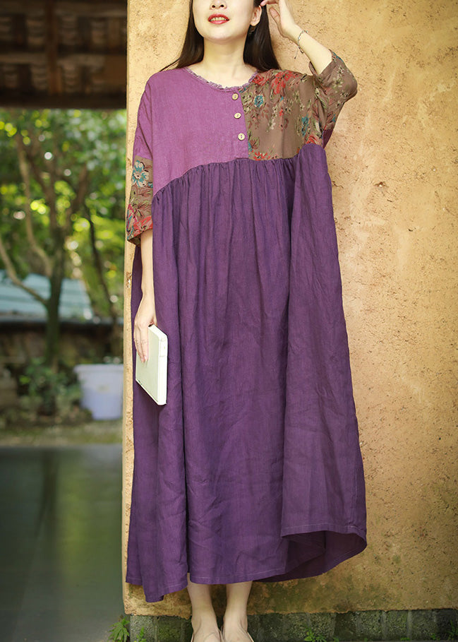 Purple Ruffled Wrinkled Cotton Dresses Half Sleeve