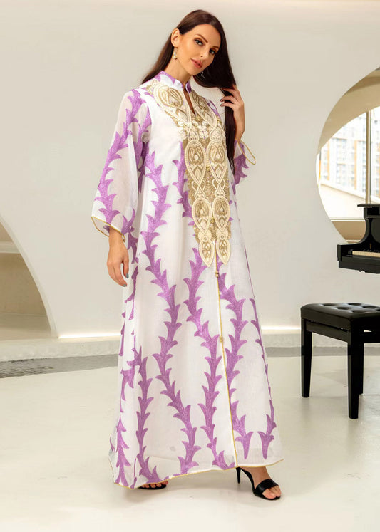 Purple Stand Collar Striped Patchwork Tulle Maxi Dresses Long Sleeve
