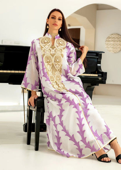 Purple Stand Collar Striped Patchwork Tulle Maxi Dresses Long Sleeve