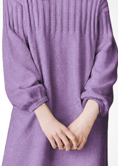 Purple Stand Collar Thick Wool Long Knit Dress Winter